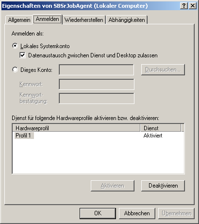 Abbildung 2: Eigenschaften von SBSrJobAgent Falls sich die zu importierenden Dateien nicht auf dem lokalen Rechner befinden, hat das lokale Systemkonto keinen Zugriff auf diese.