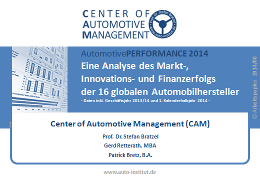 AutomotivePERFORMANCE 2014 Unternehmenslizenz für: Firma XY Kontakt/Impressum: Center of Automotive Management (CAM) Das Auto-Institut Direktor: Prof. Dr. Stefan Bratzel a Dr.