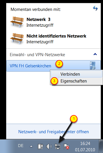 Anpassen der Eigenschaften der VPN-Verbindung: (1)Bitte klicken Sie in der Trayleiste unten rechts auf das Symbol für Netzwerkgeräte.