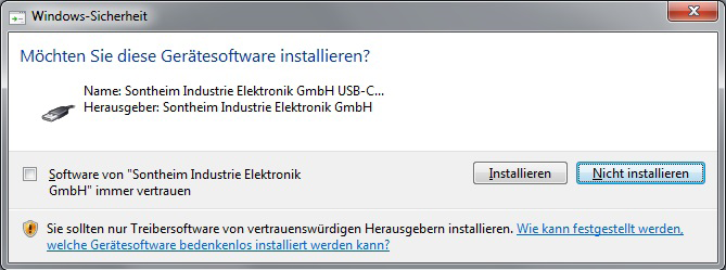 Windows Sicherheitsabfrage: Sontheim Software vertrauen und Fortsetzung der Installation mit [Installieren] DE Installation mit [Beenden] fortsetzen