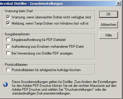 Grundeinstellungen Welche Warnmeldungen werden ausgegeben? Legt der Nutzer mit Hilfe eines Dialogfensters den Speicherort der PDF-Datei fest?