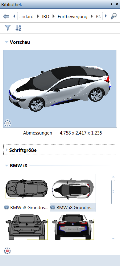 Neues in Allplan IntelligenteBauDaten 2016 15 Gruppe Fortbewegung - Autos Die Autos findet man in den Bereichen Fortbewegung. Dabei sind bei einem Autotyp z.b.: BMW i8 immer alle Darstellungsmöglichkeiten vereint.
