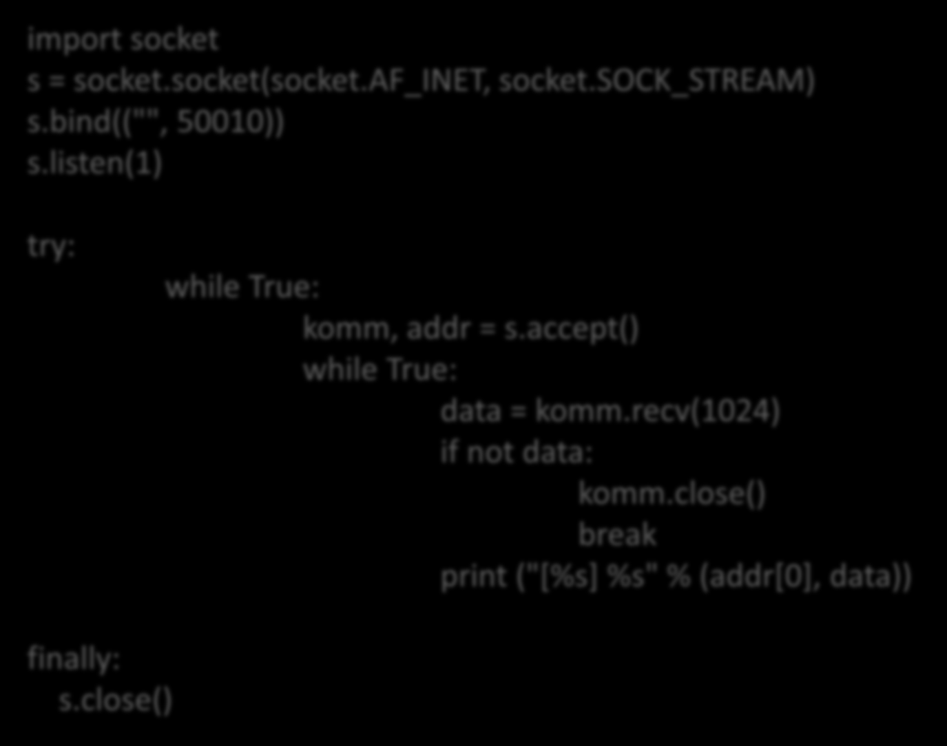 Netzwerk TCP Server import socket s = socket.socket(socket.af_inet, socket.sock_stream) s.bind(("", 50010)) s.