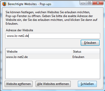 Ein Klick auf eine Funktion (z.b. Dateien hochladen ) bewirkt nichts Um sicherzustellen, dass alle Funktionen von Lo-Net² nutzen angezeigt werden, sollte man Pop-Ups für die Adresse www.lo-net2.