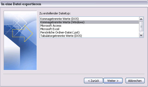 3.1.2 Schritt 2 Der Import/Export-Assistent öffnet sich. Da ja die Kontakte aus dem MS Outlook exportiert werden, wählen Sie den Eintrag Exportieren in eine Datei. Danach klicken Sie auf Weiter. 3.1.3 Schritt 3 Damit ecall das Format erkennt muss im nächsten Fenster der Eintrag Kommagetrennte Werte (Windows) gewählt werden.