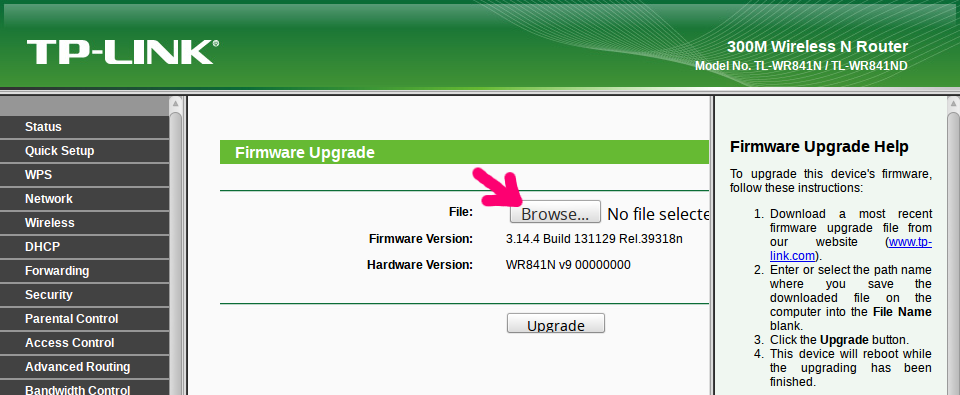 6. "Browse" klicken und die heruntergeladene Freifunk Firmware (.bin Datei) im Download Ordner auswählen. 7.
