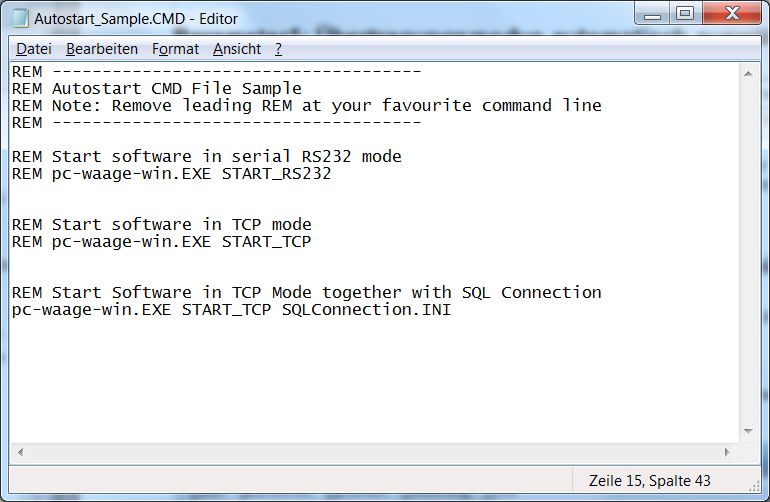 Beispiel CMD Datei für automatischen Programmstart Im Lieferumfang enthalten ist eine Beispieldatei, die verschiedene Startoptionen zeigt. Entfernen Sie den Parameter REM, um eine Zeile zu aktivieren!