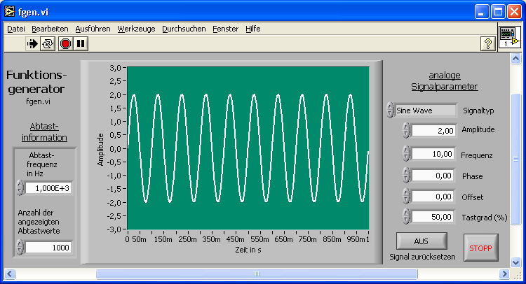 Carl-Engler-Schule Karlsruhe Analoge Signale 6 (8) 1.6 Funktionsgenerator mit LabVIEW In LabVIEW steht ein Modul zur Verfügung, mit dem sich ein Funktionsgenerator simulieren lässt, bzw.