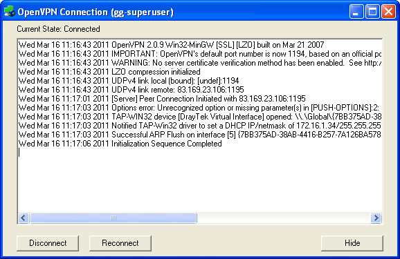 VPN Verbindung mit dem PC steht OpenVPN Logfile Online Status im Digicluster