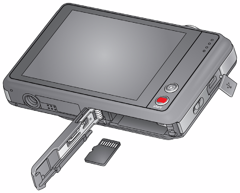 Produktübersicht, Funktionen Ansichten von der Seite und von unten LC-Display Stativanschluss Lautsprecher MicroSD-/SDHC- Speicherkarte (Zubehör) Micro-USB- Anschluss/ AV-Ausgang Befestigung