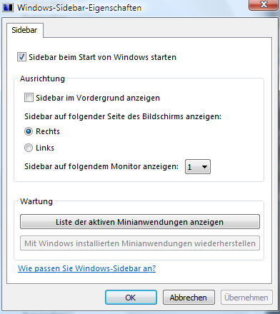 Erste Schritte 3.1 Die Windows-Sidebar In die Sidebar können verschiedene Minianwendungen integriert werden, die im Internet kostenlos zur Verfügung stehen.