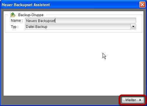 Backupset Assistent startet Im nun erscheinenden Backupset Assistenten müssen Sie im ersten Schritt ein neues Backupset erstellen, den Typ des Backups festlegen und und diesem einen Namen geben.