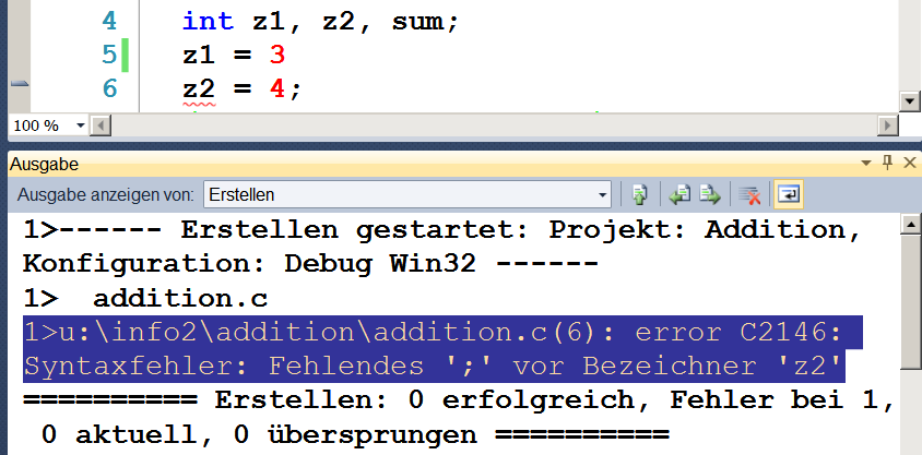 2.8. Fehler im Programm beseitigen Treten beim Übersetzen des C-Programms Fehler auf, dann werden diese vom Compiler angezeigt. Nach der Korrektur muss das C-Programm erneut übersetzt werden.