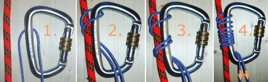 Knüpfen eines Prusikknotens 1. Beim Knüpfen des Knotens aus einer geschlossenen Prusikschlinge wird mit der Schlinge zuerst ein Ankerstich um das abzuklemmende dickere Seil gelegt. 2.