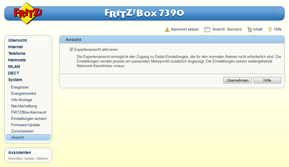 6. Expertenansicht aktivieren Damit Ihnen alle Funktionen der Fritzbox zur Verfügung stehen, müssen Sie die Expertenansicht aktivieren.