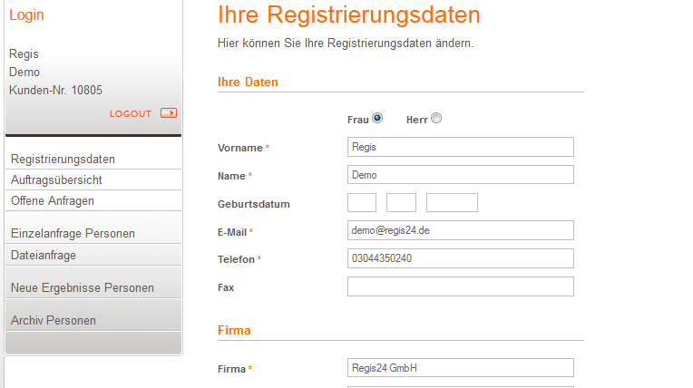 Registrierungsdaten ändern Unter Registrierungsdaten können Sie Ihre persönlichen Angaben ändern.