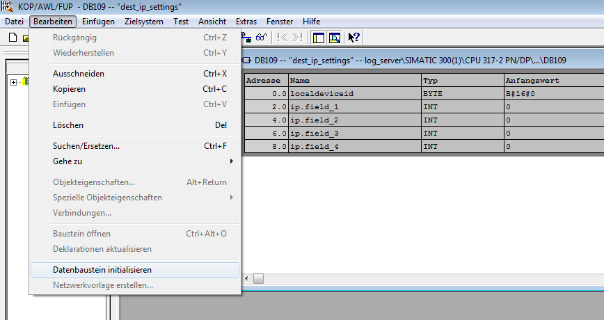 Initialisieren eines Datenbausteins Im SIMATIC Manager öffnen Sie den entsprechenden Datenbaustein mit dem KOP/AWL/FUP-Editor.