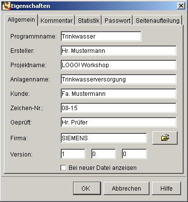 Arbeitsschritt 11: Dokumentation Unter Datei -> Eigenschaften auf der Registerkarte Allgemein können Programm- bzw.