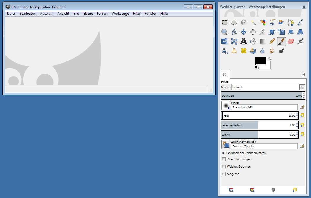 1. GIMP Startansicht Arbeitsfläche Werkzeugkasten Standardansicht nach Öffnen von GIMP.