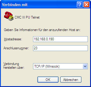 7 Konfiguration 7.3 Telnet-Verbindung Eine Telnet-Verbindung kann bei Verwendung des Betriebssystems Windows XP über das dort mitgelieferte Programm HyperTerminal hergestellt werden.