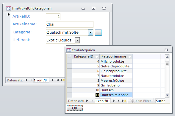 Formulare für die Dateneingabe Lookup-Daten per Formular verwalten cbokategorieid ausgewählte Kategorie anzeigen (siehe Bild 6).