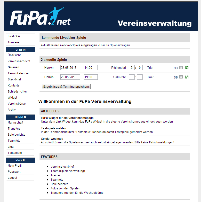 Die Vereinsverwaltung Sobald Sie für Ihren Verein freigeschaltet wurden, können Sie sich über die Seite www.fupa.