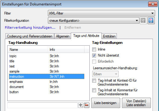 Liste der Tag-Namen Beispiel eines XML-Filters in memoq Information ob Inhalte