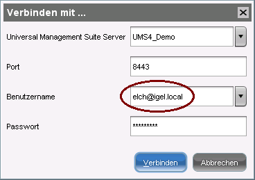 3.1. UMS-Konsole mit Server verbinden So stellen Sie eine Verbindung zum UMS-Server her: 1. 2. 3. Starten Sie die UMS-Konsole. Klicken Sie System Verbinden mit.