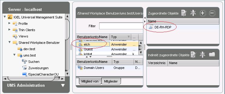 Benutzerprofil zuweisen Wechseln Sie in Ihr soeben eingerichtetes Active Directory im UMS Navigationsbaum unter Server Shared Workplace Benutzer.