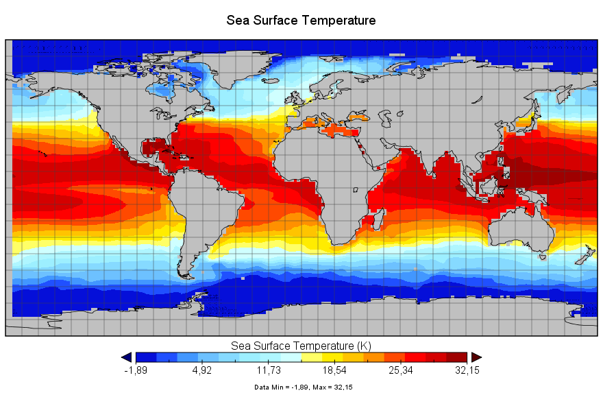 Die Grafik 7 Meeresoberflächentemperaturen von 2030-2059 im Nord-Winter zeigt, wie auch in den vorhergehenden Abbildungen in dunkelblau die Minimaltemperatur von -1,89 Grad Celsius und in stark
