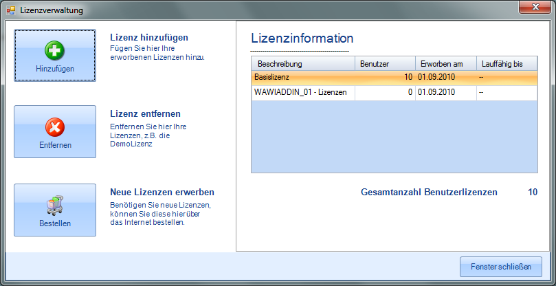 Administration 31 1.5 Hilfe Info über Programminformation Lizenzverwaltung Zeigt eine Übersicht über die installierten Lizenzen an.