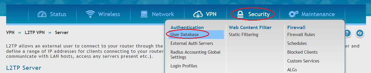 hierzu auf Security => User Database Legen Sie eine neue