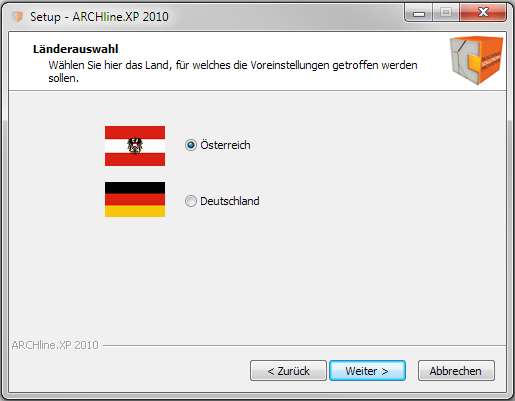 9 Länderauswahl Wählen Sie hier für welches Land die angepassten ARCHline.XP 2010 Setdateien installiert werden sollen. Klicken Sie auf Weiter um fortzufahren.