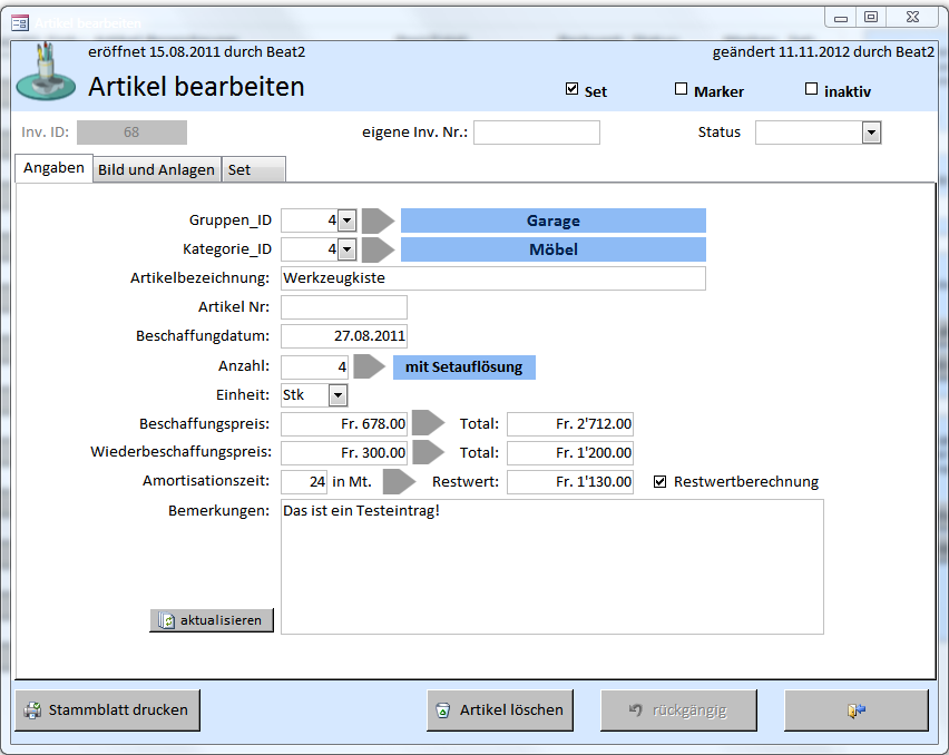 Neue Artikel erfassen Die Option Restwertberechnung kann ein- beziehungsweise ausgeschaltet werden.