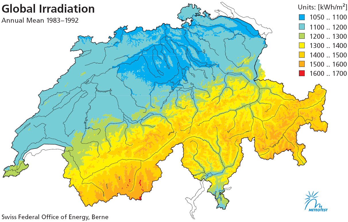 36 / Potenziale der Energieeffizienz und der erneuerbaren Energien im Kanton «Jährliche solare Einstrahlung in der Schweiz (Globalstrahlung, horizontal)» Figur 13: Quelle EVD 2008 (Art-Berichte Nr.