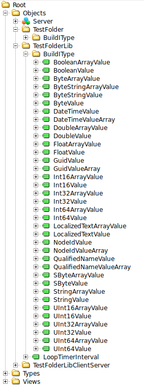 9 Abbildung 5 Informationsmodell mit Loop Im Folder Root/Objects/TestFolderLib/BuildInType ist für jeden OPC UA BuildInType eine Variable vorhanden.