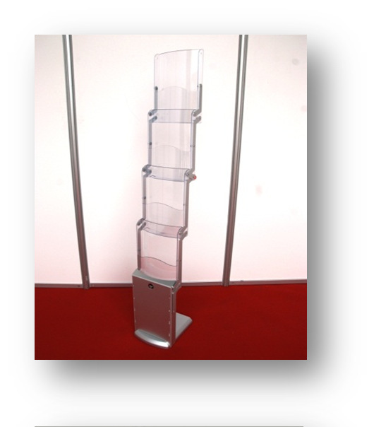 Prospektständer "Stair Zip" treppenförmig angeordnete Prospektpräsentation vier Einlegefächer DIN A4 aus transparentem Kunststoff Preis pro Stück 25,00 Glasvitrine mit Unterschrank absperrbare