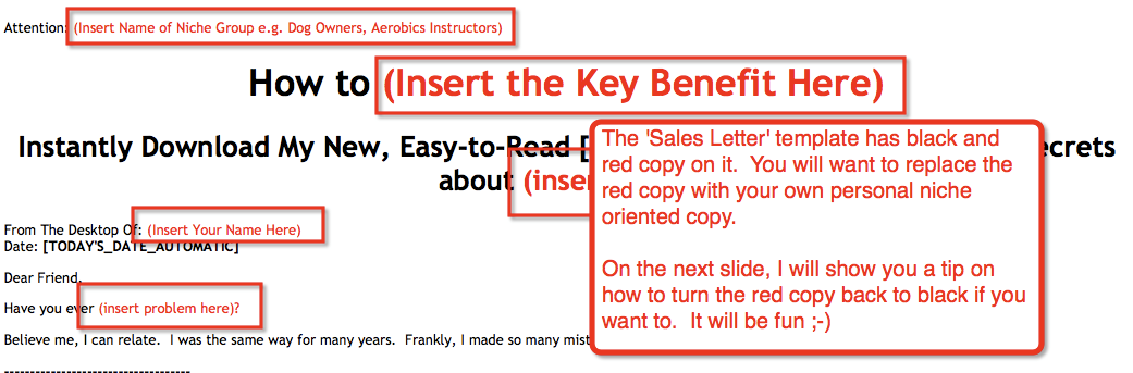 7. Die Vorlage des Verkaufsschreibens hat schwarzen und roten Text. Sie sollen den roten Text mit dem Text für Ihre Nische ersetzen.