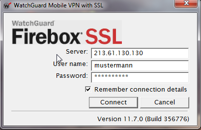 Verbindungsaufbau Starten Sie nun den WatchGuard SSL Client, indem Sie wie nebenstehend gezeigt die Anwendung WatchGuard SSL starten. Unter dem Eintrag Server tragen Sie bitte die Adresse: 213.61.130.