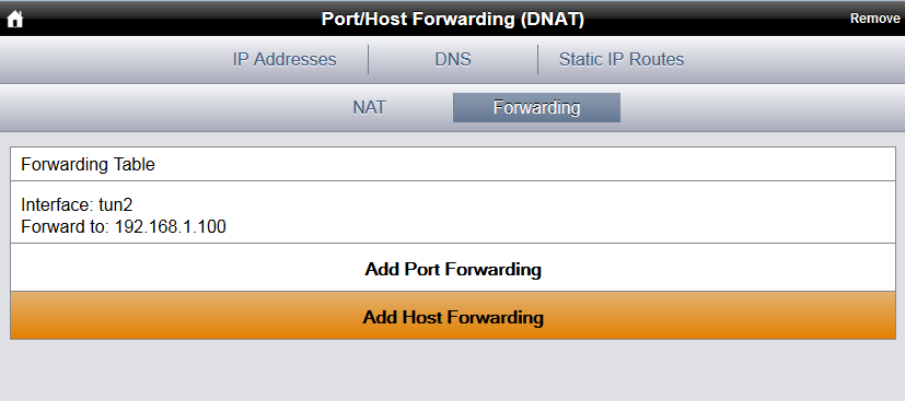 4.5 Ziel für Forwarding im MRT150N ändern 3. Auf Forwarding, dann auf Add Host Forwarding klicken Forwarding Add Host Forwarding 4.