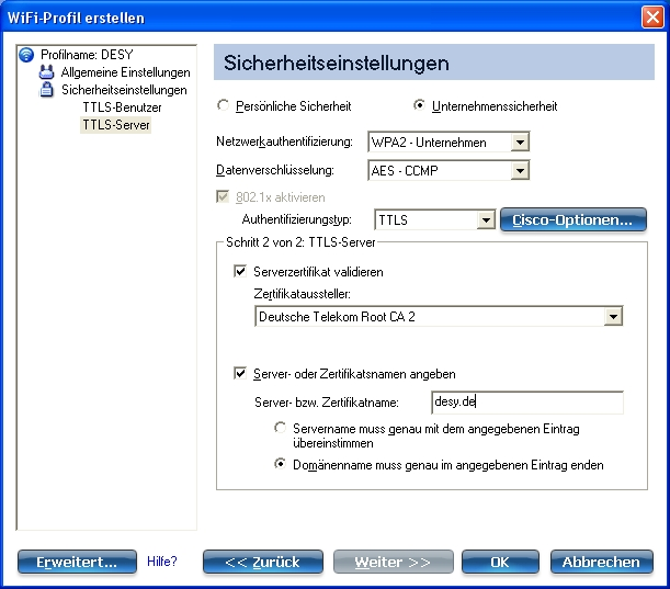Aktivieren Sie die Option Serverzertifikat validieren und wählen Sie aus der Liste der Zertifikataussteller das Zertifikat Deutsche Telekom Root CA 2 aus.