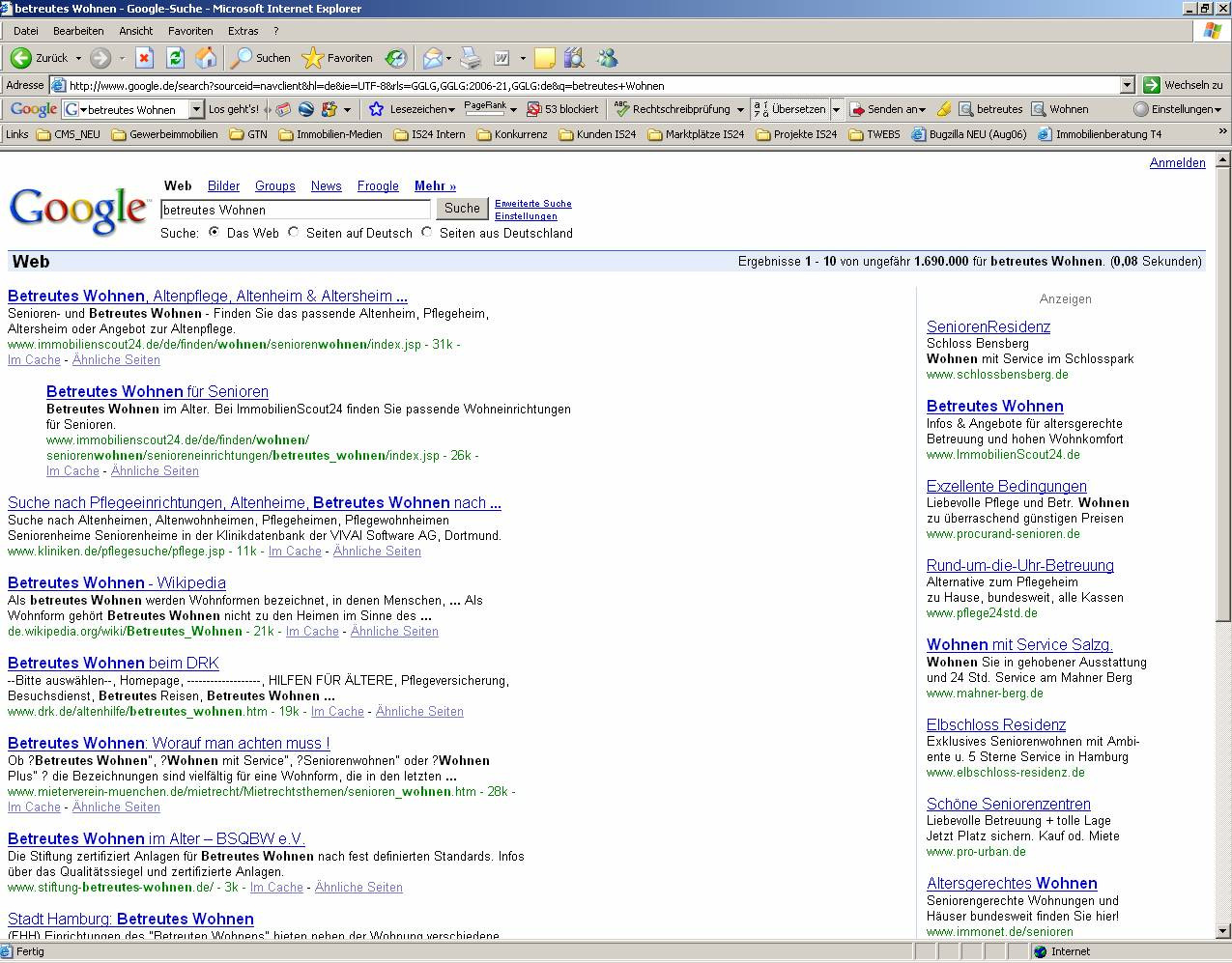 Suchmaschinen-Optimierung für 1 2 1 2 3 4 5 6 Suchbegriffeingabe bei Google Google Trefferliste erste Seite* Link zur Rubrik bei IS24 Link auf