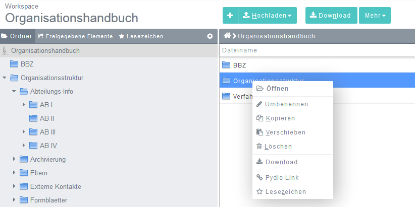 3.1. Ordneraktionen Alle verfügbaren Ordneraktionen können entweder durch rechten Mausklick auf einem Ordner oder durch Klick auf dem Button Mehr aufgerufen werden.