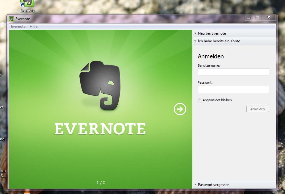 Evernote für zu Hause auf dem PC: Man kann evernote auch als Programm für den PC runterladen.