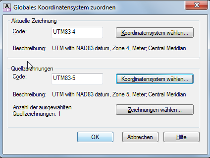 In der Maske wird der angeschlossenen Quellzeichnung das Koordinatensystem zugewiesen.