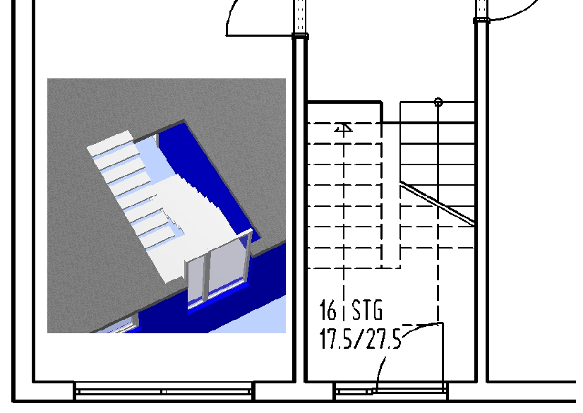 1. Darstellung der Treppen im Grundriss Zur korrekten Darstellung der Treppe in der Grundrisszeichnung kann man die Funktion Treppenschnitt sehr gut nutzen.