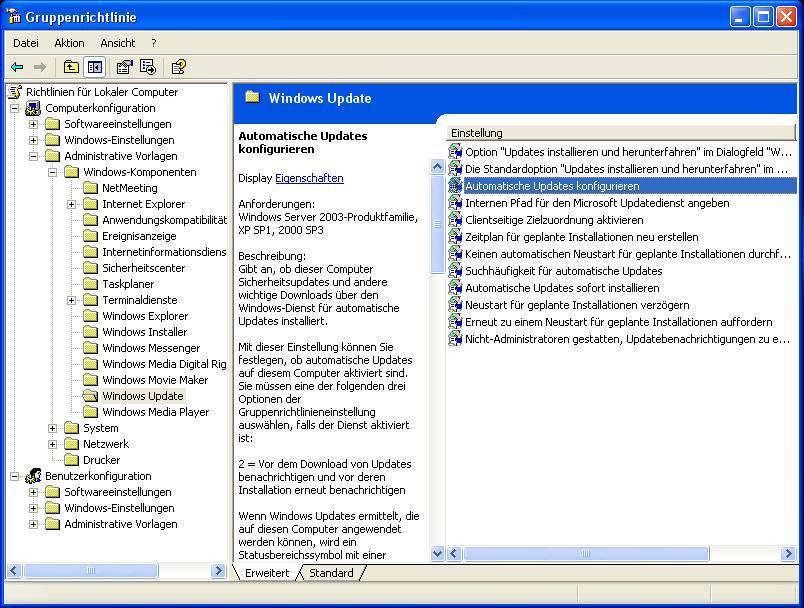 adm findet sich unter Computerkonfiguration - Administrative Vorlagen - Windows-Komponenten" der Punkt "Windows Update", bestehend aus mehreren Unterpunkten.