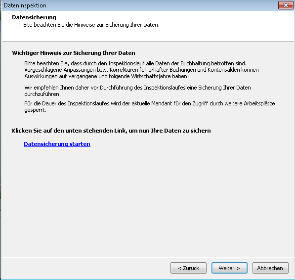 Es öffnet sich nun ein Assistent für die Durchführung der Dateninspektion.