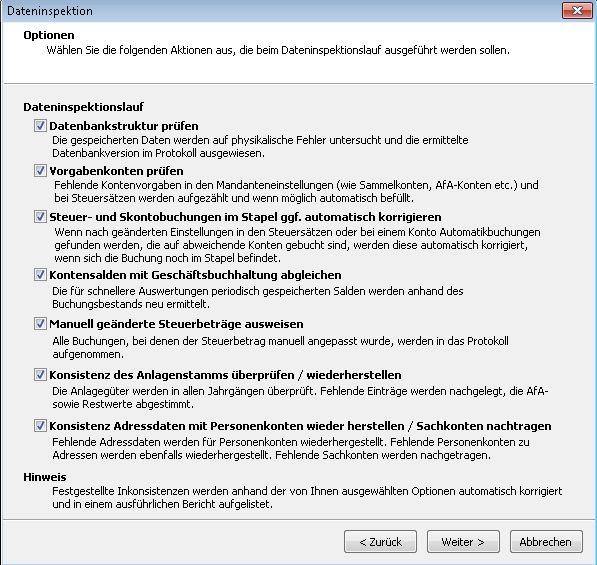 Aktivieren Sie im nächsten Dialog bitte alle Optionen, um eine komplette Prüfung des Mandanten
