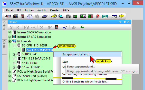 Kapitel 3 S5 für Windows Online Funktionen Seite 3-17 3.3.2 SPS Baugruppenzustand (CPU Status) Um Fehler zu erkennen, lokalisieren und zu beheben, zeigt S5 für Windows CPU-Informationen für die Systemdiagnose an.